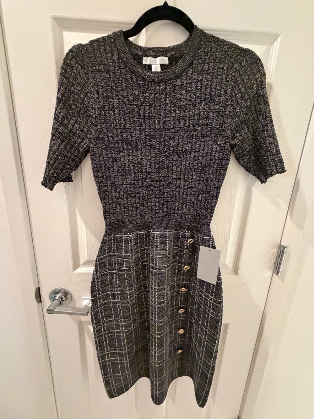 London Times Gray Knit Plaid Midi Dress with Side Buttons